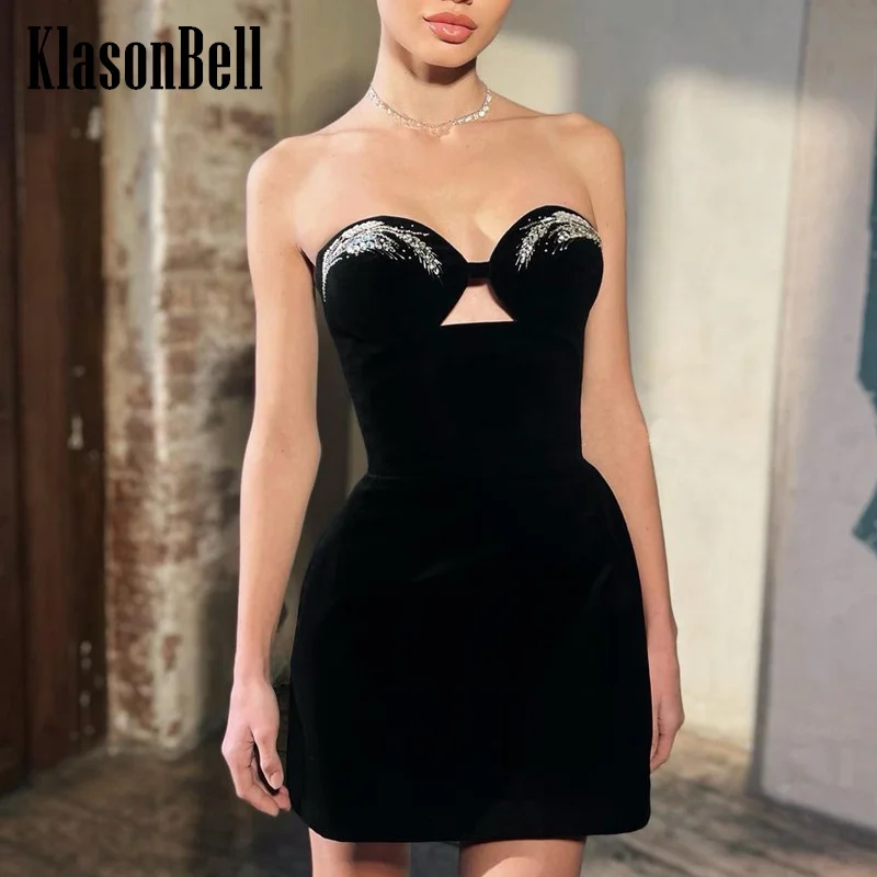 

8.5 KlasonBell Women's Diamonds Sexy Hollow Strapless Package Hip Banquet Party Dress Black Velvet Collect Waist Evening Dress