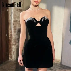 8.5 KlasonBell Women's Diamonds Sexy Hollow Strapless Package Hip Banquet Party Dress Black Velvet Collect Waist Evening Dress