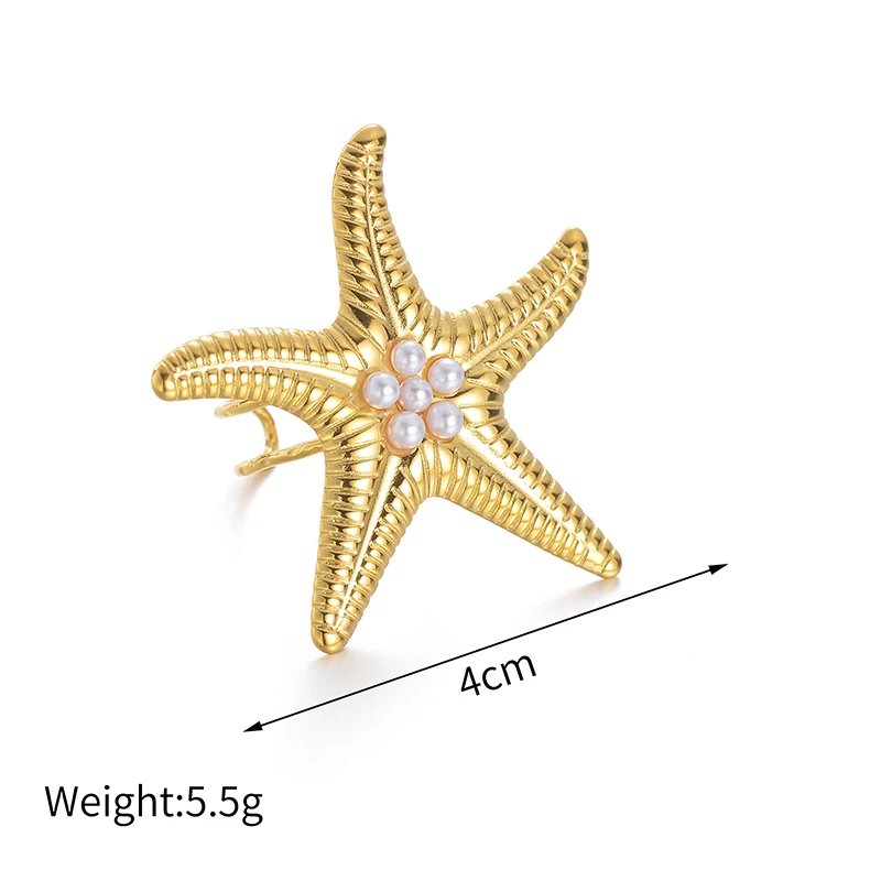 Goxijite New Style Gold Color Ring Stainless Steel Irregular Shape Starfish Imitation Pearl Open Adjustable Rings Jewelry Gift