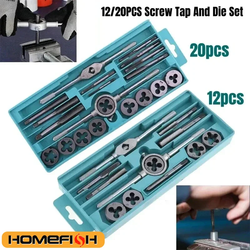 12/20-teiliges Handgewindebohrer- und Schneideisen-Set M3-M12 Gewindebohrer Gerade Kegelreibahle Werkzeuge Hardware-Werkzeug Tragbar Universal