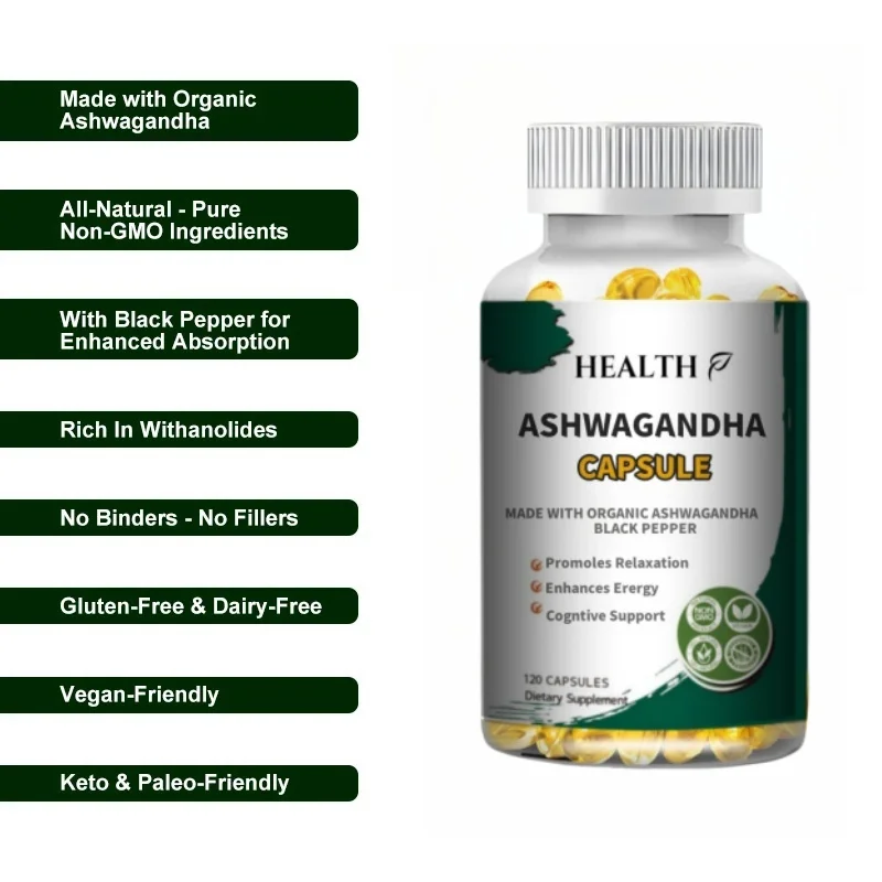 Organic Ashwagandha 1300 mg 120 Vegan Capsules Pure Organic Ashwagandha Powder and Root Extract - Stress Relief, Mood Enhancer