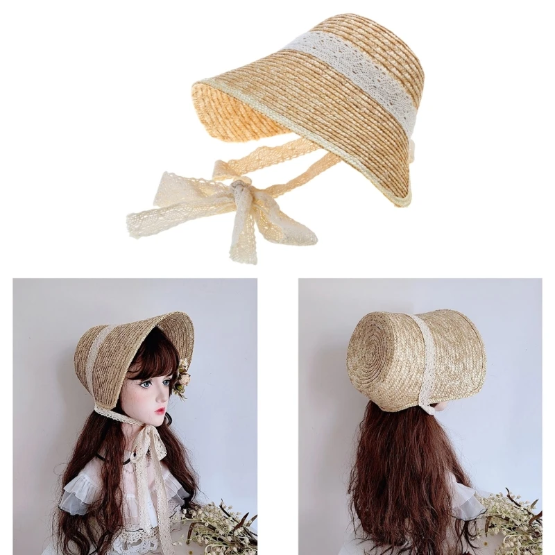 Sweet Girl Sun LolitaStyle SummerBeach Straw Hat PhotoShooting Headdress Summer Straw Hat Photoshoots Tea Party Vintage Headdres