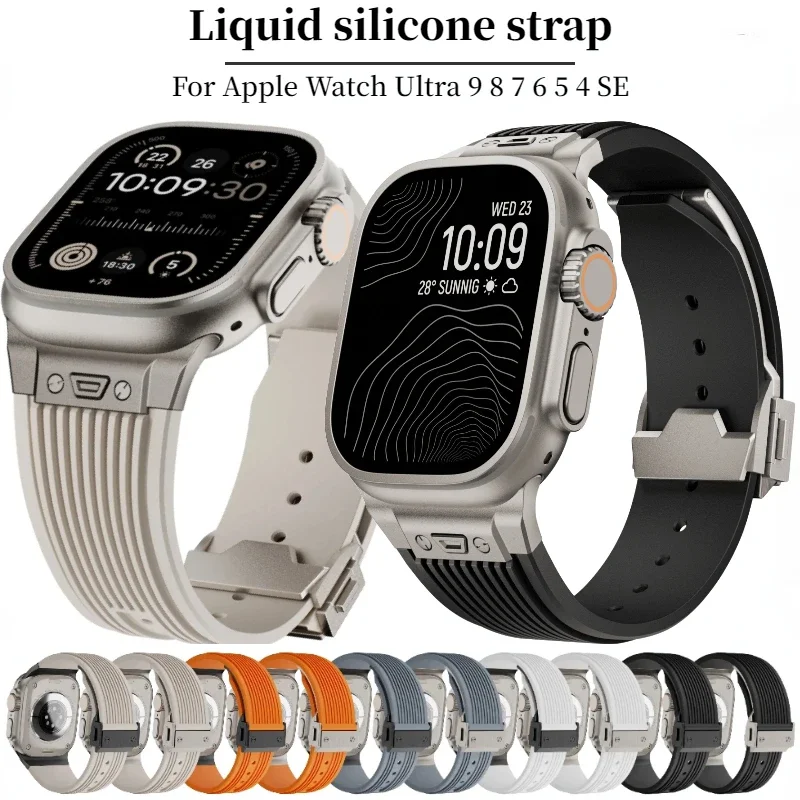 Liquid Silicone Strap For Apple Watch Ultra2 Band 49mm 10 9 8 7 46mm 45mm High End Stainless Steel Buckle iWatch 6 5 4 SE 44mm