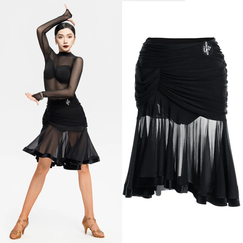 Latin Dans Rok Voor Vrouwen Zwart Mesh Onregelmatige Rok Chacha Rumba Tango Samba Dans Jurk Volwassen Latin Praktijk Kleding DN22322