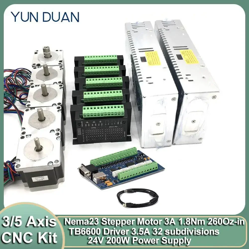 

3 5 Axis Nema23 Stepper Motor 1.8Nm 260Oz-in 8mm Shaft 3A Stepper Motor Driver 350W Power Supply Mach3 USB CNC Motion Controller