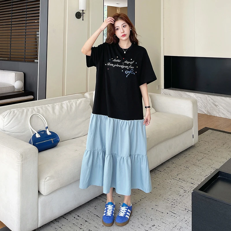 Summer Women's Dresses Woman for 2025 New Loose Patchwork T-Shirt Dress Heavy Diamond Short Sleeve Female Clothing KE6673