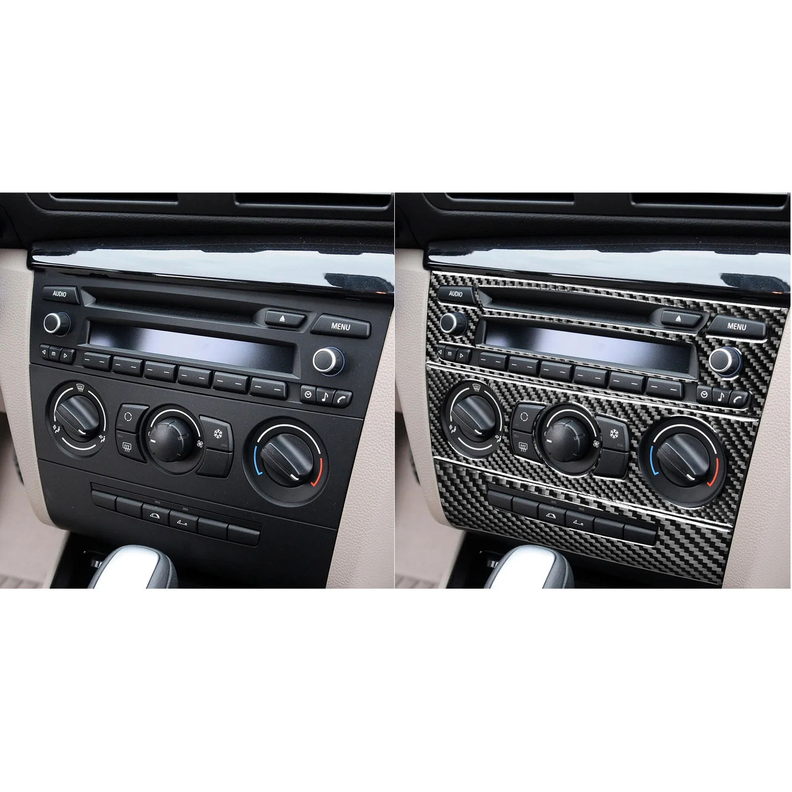 Painel de Controle Central de Fibra de Carbono Decalque, Modelo D Guarnição Adesivo, Moldagem Interior para BMW Série 1, E81, E82, E87, E88, 2008-2013