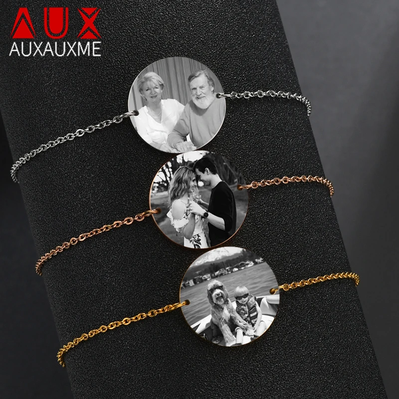 Auxauxme Custom Laser Engraved Photo Name Round Bracelets Stainless Steel Personalized For Parents Couple Kids Jewelry Gifts