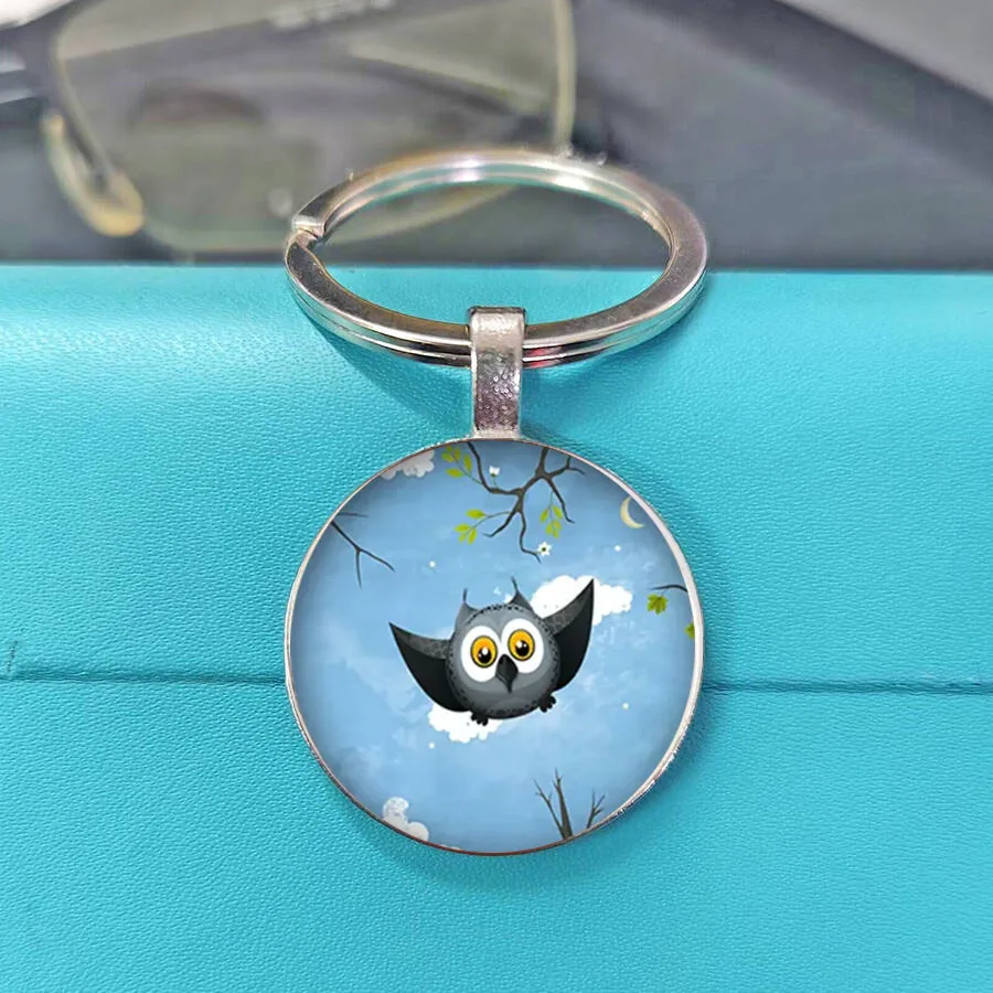 New Glass Convex Round Owl Key Chain Lovely Cartoon Animal Pendant Bag Holder Key Rings view 5