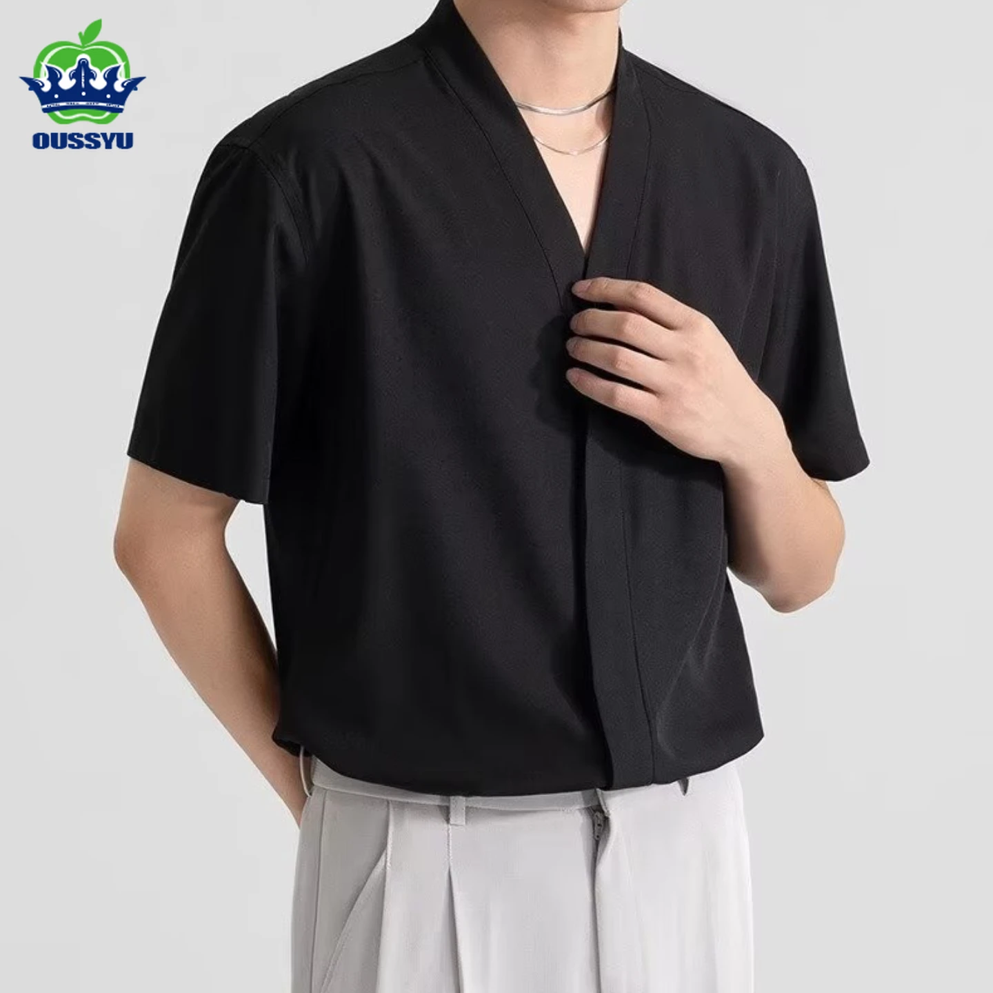 

Brand Clothing 2026 Men's V Neck Short Sleeve Shirt Summer Retro Hong Kong Style Loose Fit Casual Top Solid Color Black New