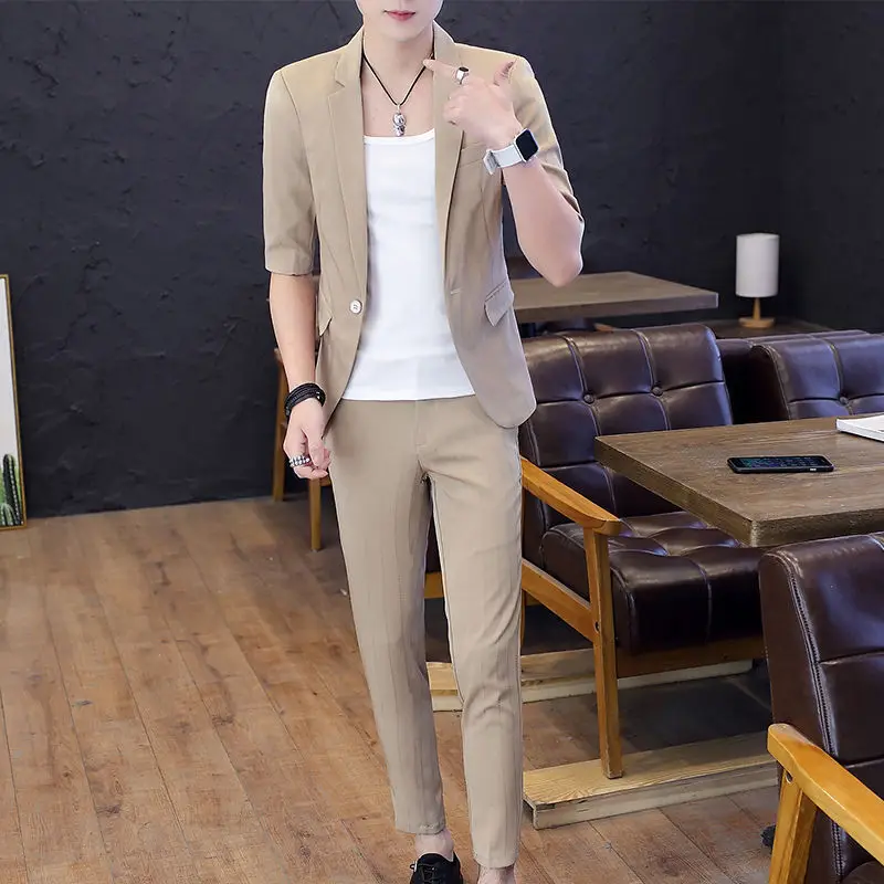 1-G7   Men's Mid-sleeve Striped Suit suit Summer Slim-fit Seven-sleeve Suit Three-piece Set Fashionable Thin Jacket for Work