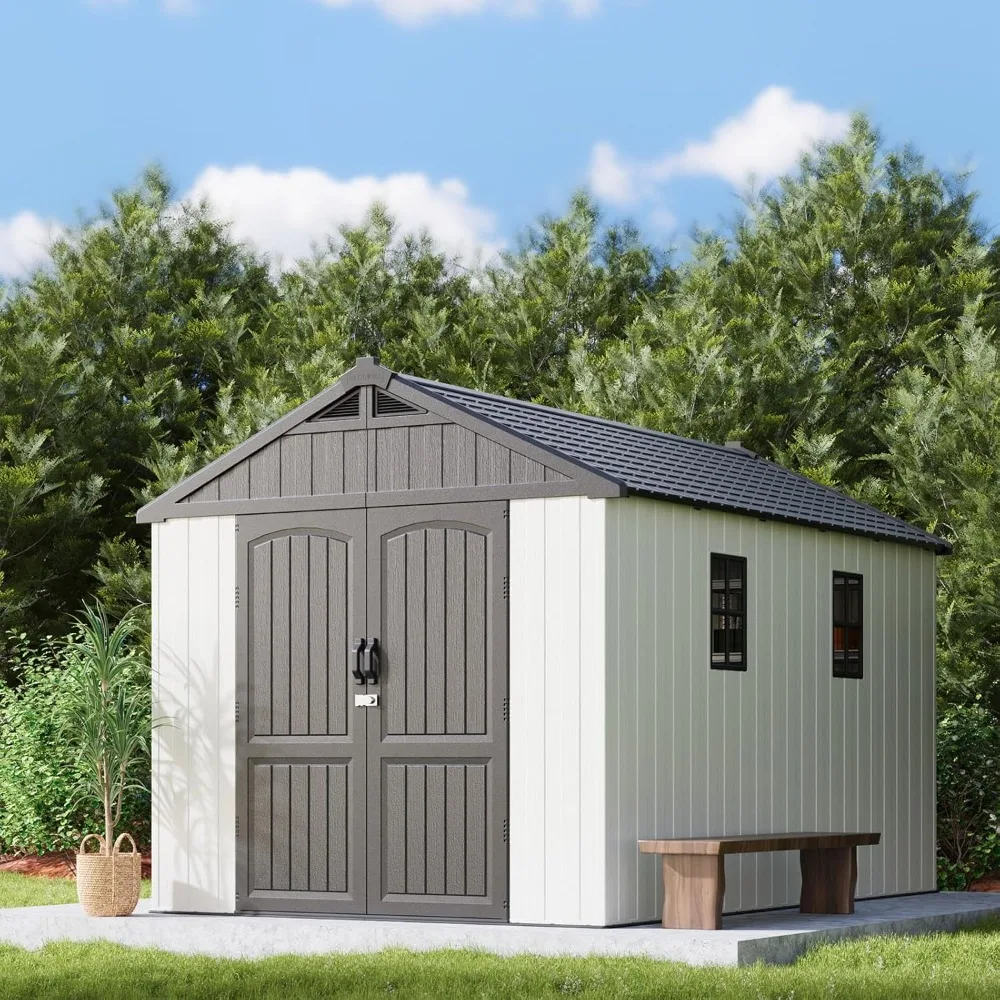 8x12 FT Outdoor Storage Shed with Floor & Window & Lockable Door, Patio Furniture, Backyard Tools & Bicycles, Resin Garden Shed