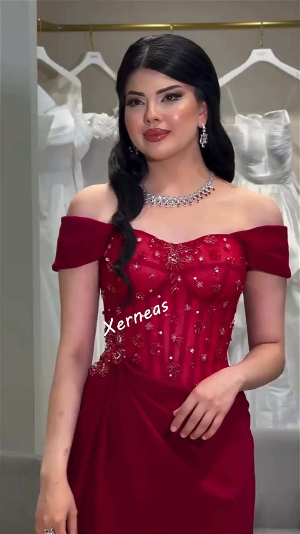 Customized Jersey Rhinestone Pleat Off-the-shoulder Floor-length Bespoke Occasion Women's Evening Elegant Party Wedding Sparkle