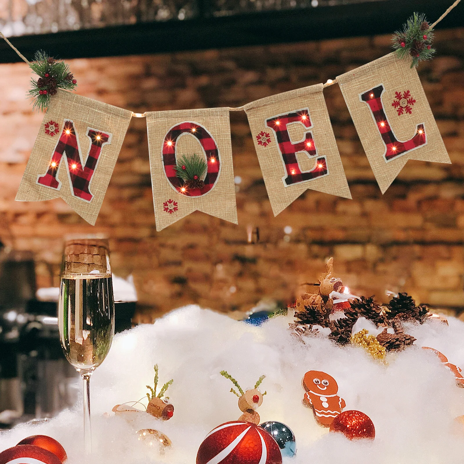 

1Set Christmas Banner Linen Bunting Glowing Xmas Party Supplies Indoor Outdoor Hanging Decoration Christmas Banner with Light