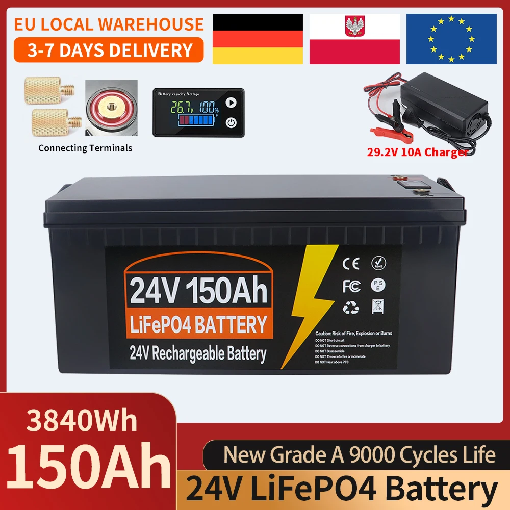 12V 24V 100Ah 150Ah 300Ah 350Ah LiFePO4 Batterij met ingebouwde BMS Lithium IJzer Fosfaat Cel Graad A 9000 cycli levensduur voor camper, zonne-energie, trollingmotor EU voorraad