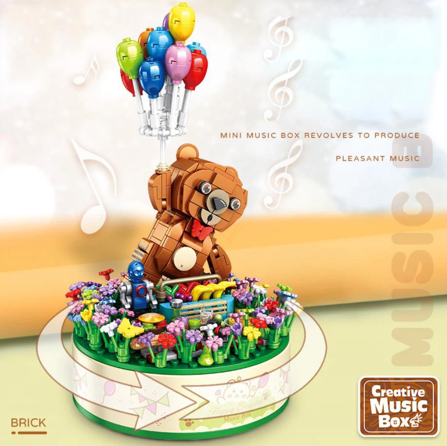 

Amusement Park Building Block Cartoon Bear Balloon Creative Music Box Construction Brick Educational Toys For Kids Gifts