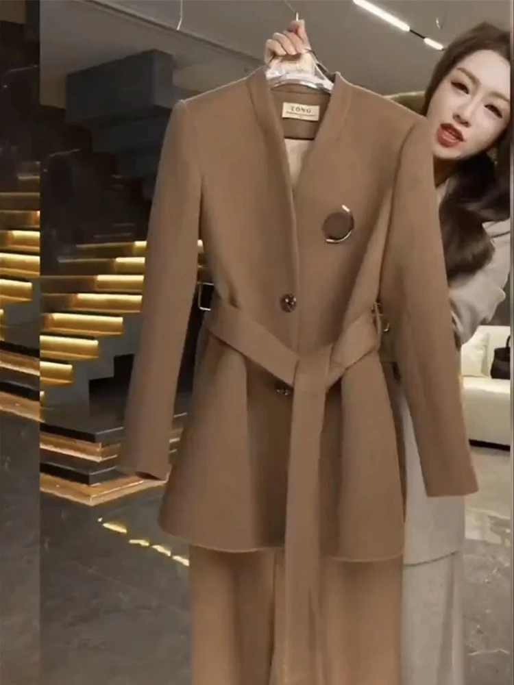 

Pants Sets Two Piece Women Wool Cardigan Blazer Thick Button Wide Leg Pants Pockets Solid Casual Suits Outwear Winter 2025