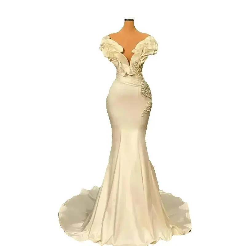 

Customized Ruffes Off The Shoulder Satin Mermaid Wedding Dresses Sweep Train Sparkly Pearls Beads Bridal Gowns Robe De Mariee