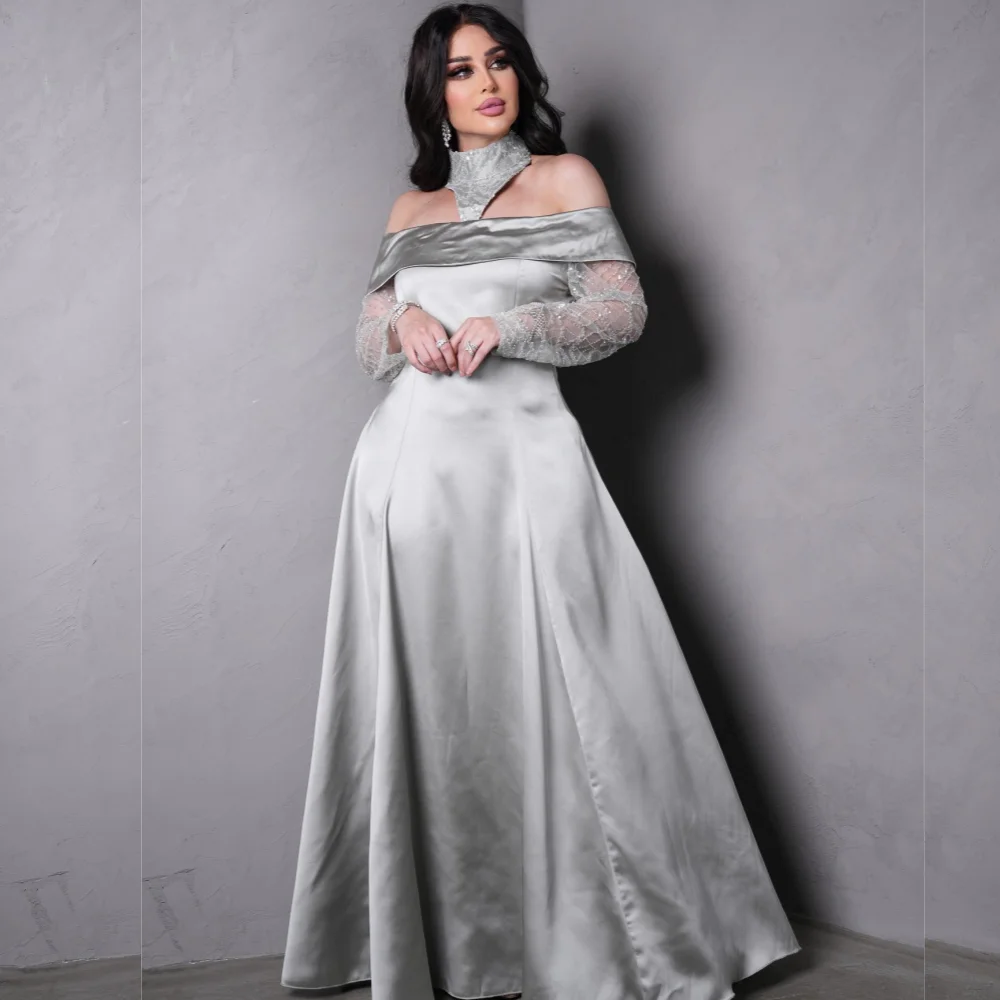 Jiayigong  Satin Beading Draped Wedding Party Ball Gown High Collar Bespoke Occasion  Long Dresses Saudi Arabia