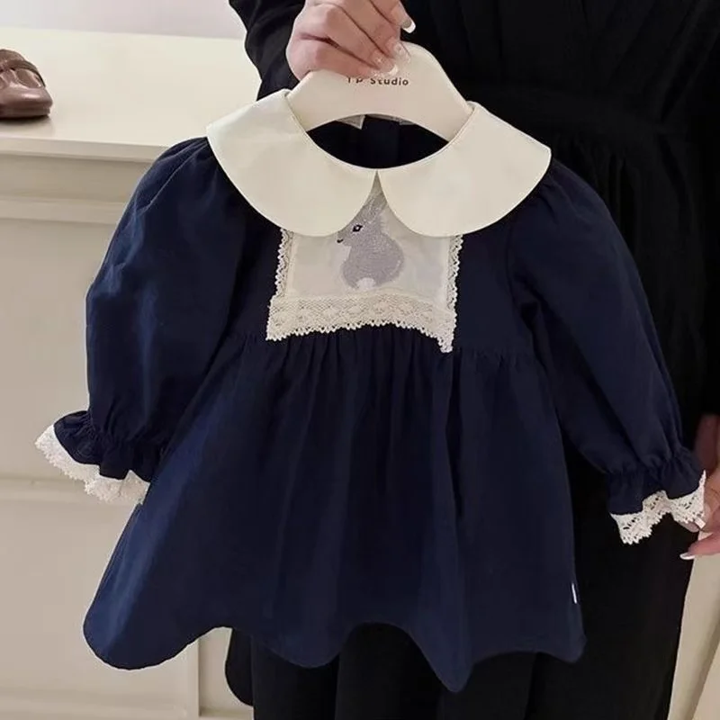

2026 New Girl French Doll Neck Dress Spring and Autumn Children's Long Sleeve Navy Blue College Style Dress Princess Dress