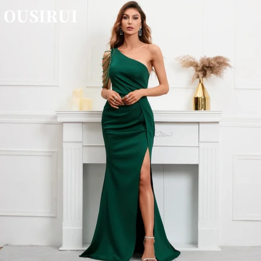 

OUSIRUI Women Sexy Slit Long Prom Dress Evening Dress One Shoulder Slash Neck Beading Party Maxi Dress Evening Dress 2024