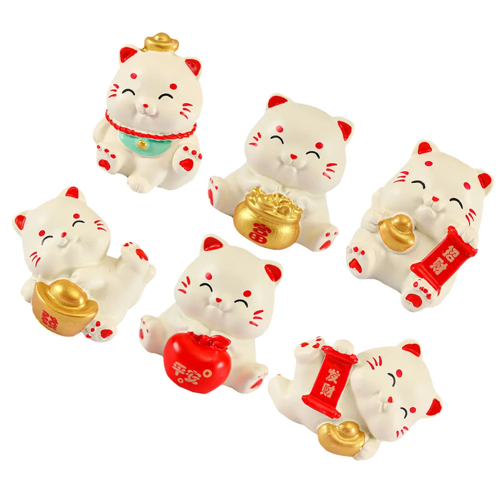 6 Pcs Miniature Lucky Cat Adorable Animal Statue Japanese Figurines Micro Sculpture Cartoon Decor Model