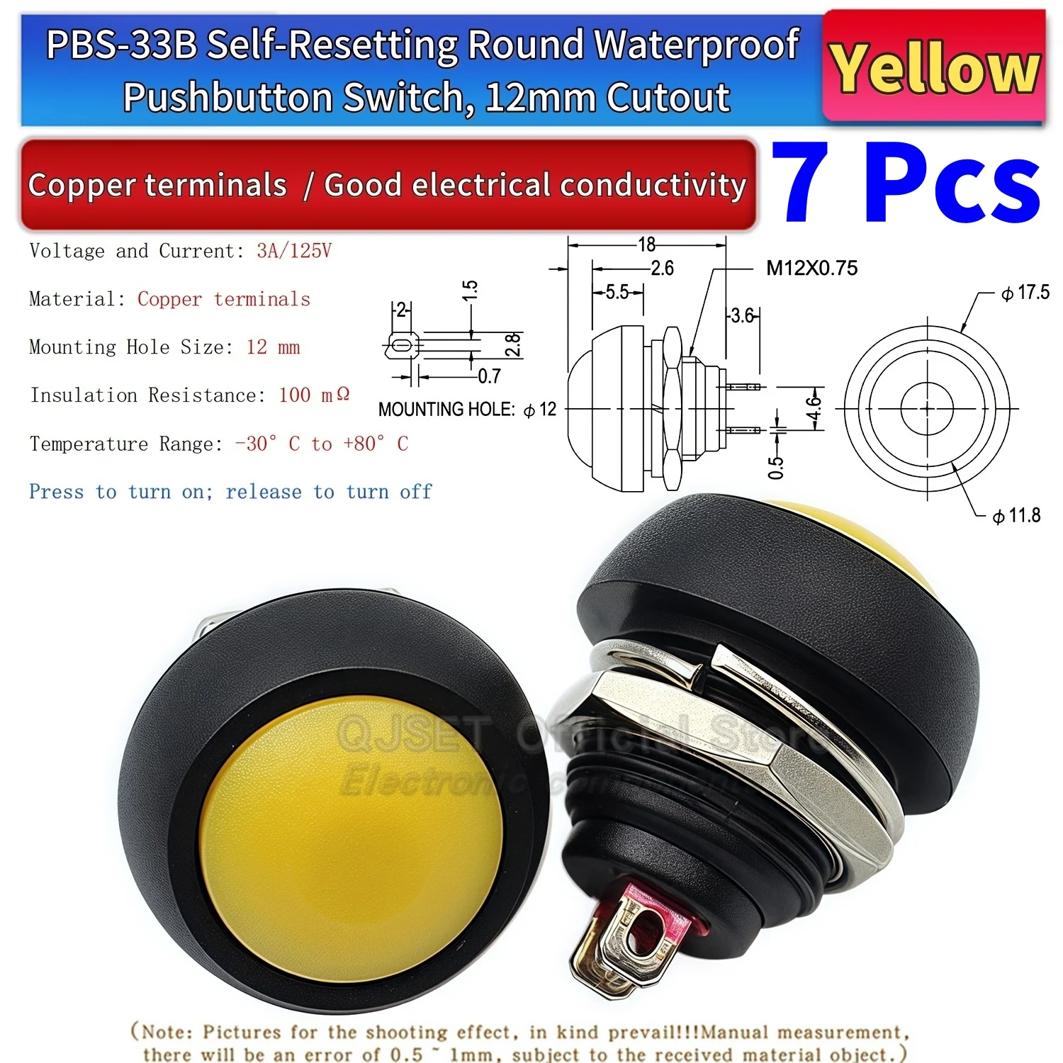 7-teiliges PBS-33B-Set, Mini-Druckknopf aus Kunststoff mit rundem Kopf, EIN/AUS-Tastschalter, 2-polig, 12 mm, wasserdicht, Power-Reset, nicht verriegelbar – Detail 10