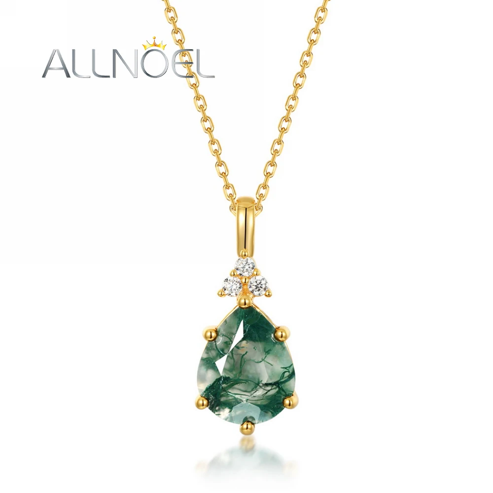 

ALLNOEL 925 Sterling Sliver Pendant for Women Natural Water Drop Green Moss Agate Gold Plated Vintage Jewelry Gift Without Chain