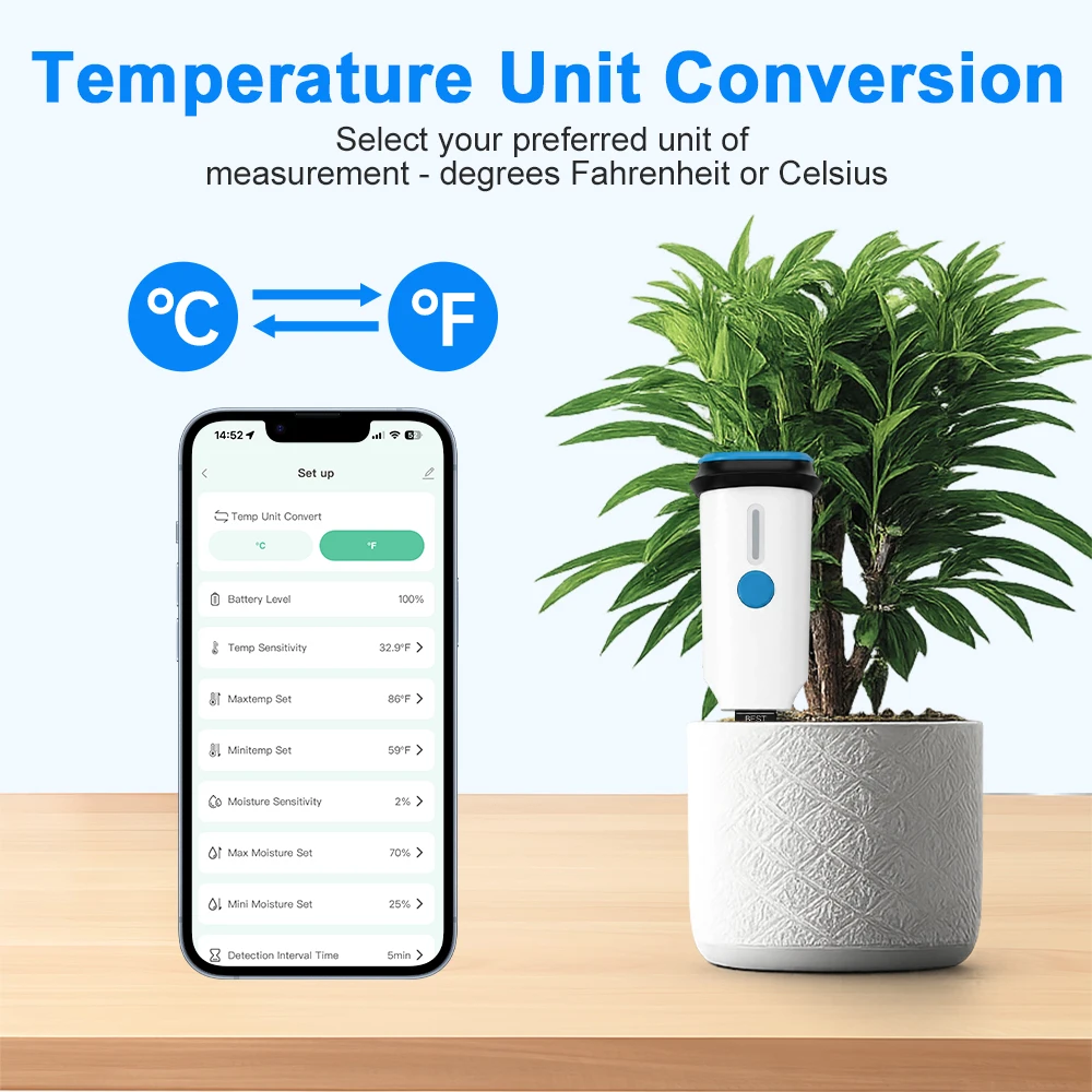 MANHOT Wifi Smart Soil Sensor Soil Moisture Temperature Sensor °C/°F Detector IP66 Waterproof Works with Tuya Alexa Google Home