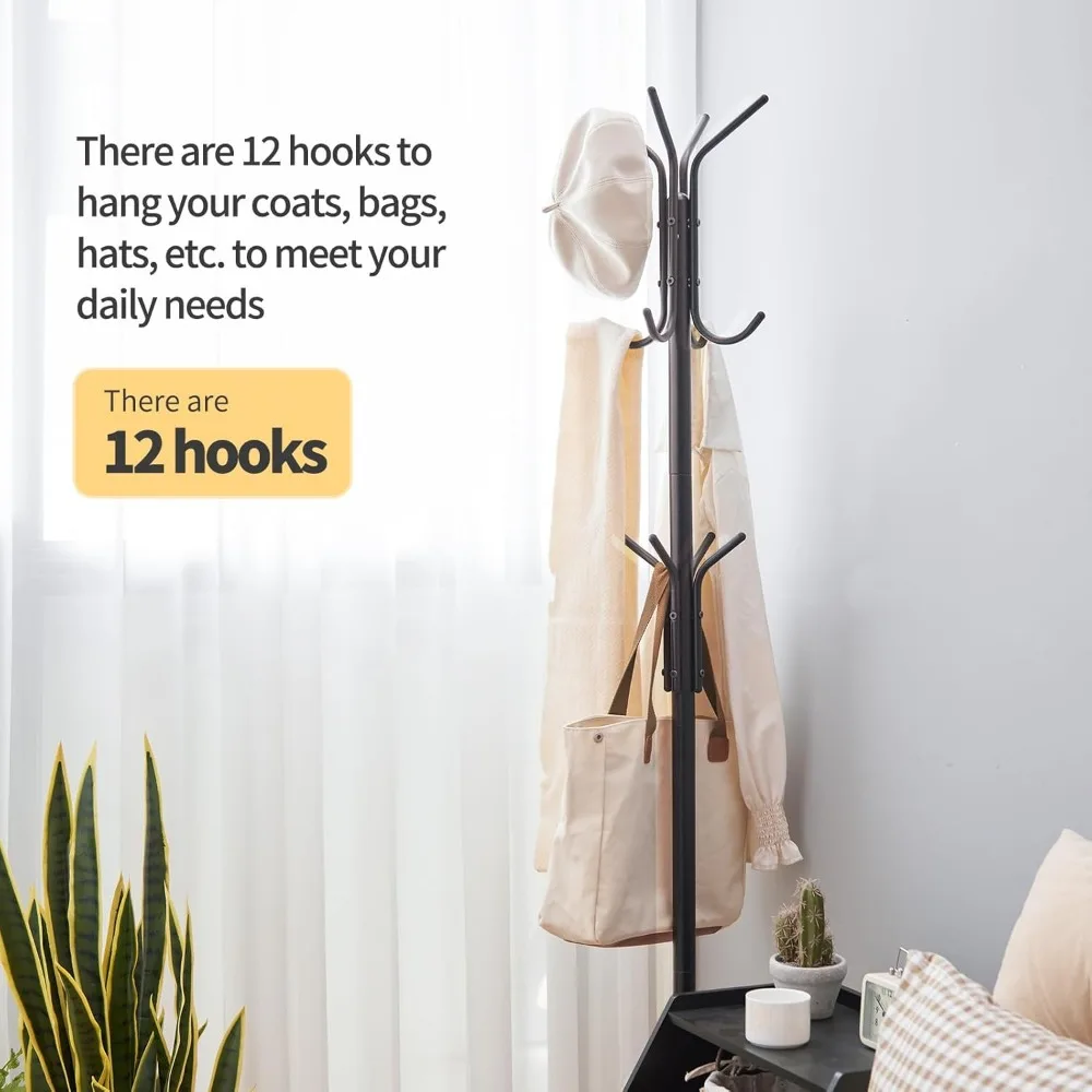 Freestanding Coat Rack with 12 Hooks and 3 Legs for Entryway Living Room Bedroom Black