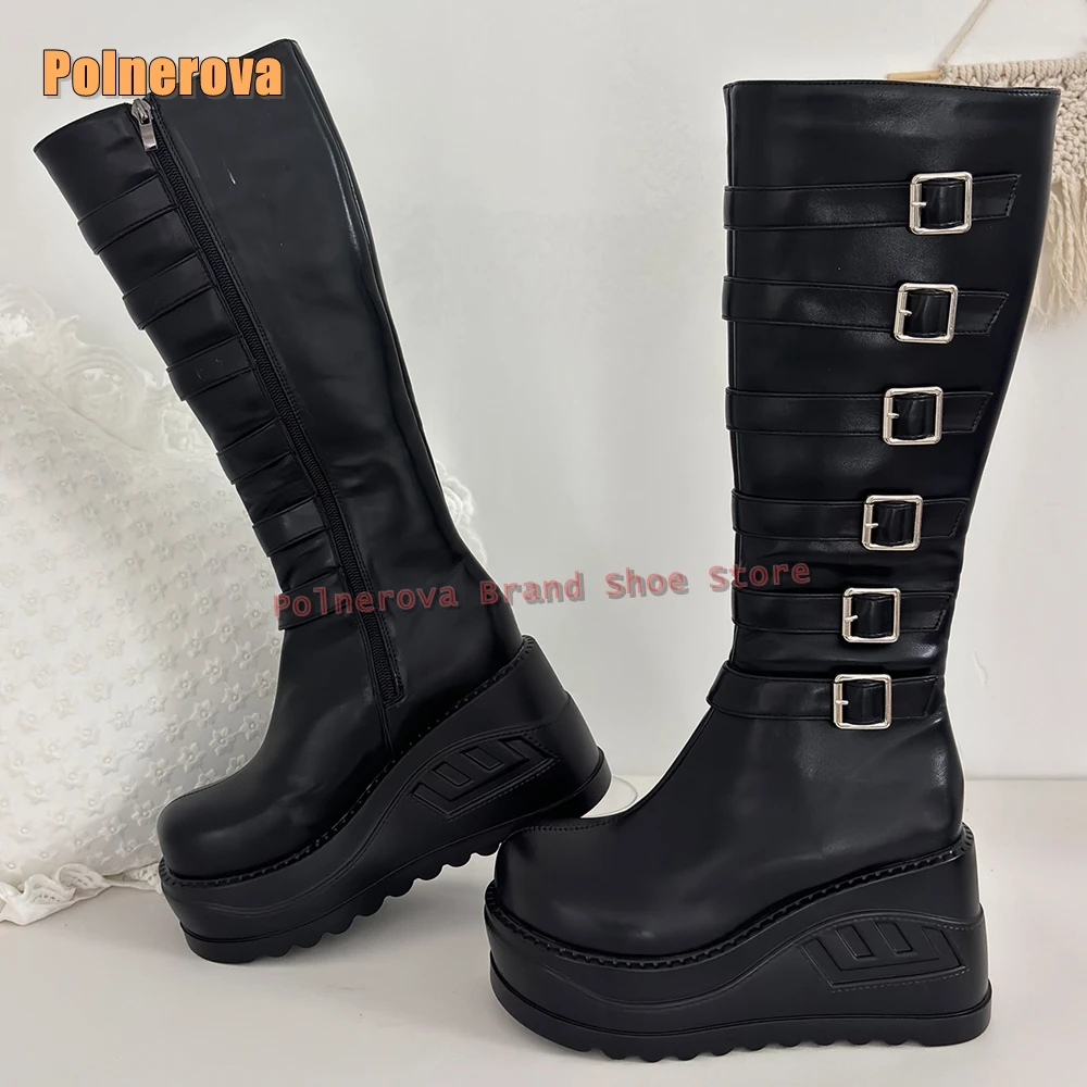 

Черные ботинки на танкетке с пряжкой на ремне, Новое поступление 2025, круглый носок, толстая подошва, платформа, застежка-молния, рыцарские сапоги в стиле панк, стиль субкультуры