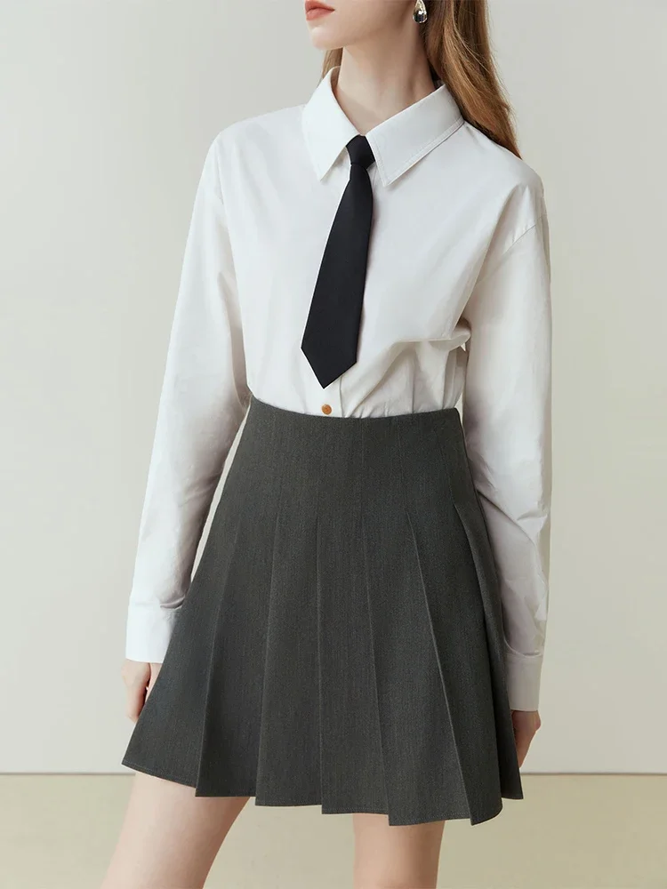 FSLE College Style Women Grey Short Pleated Skirts Office Lady 2023 Spring High Waist A-LINE Skirt Women Above-Knee Skirt