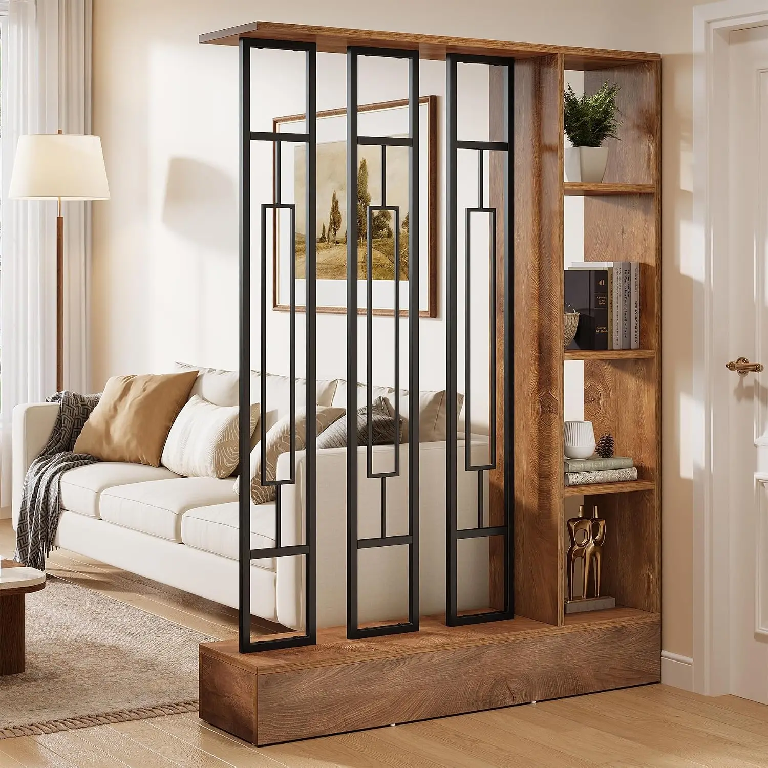 Freestanding Room Divider Shelves 71 Inch Wood Metal Storage Display Partition For Bedroom Living Room Separation