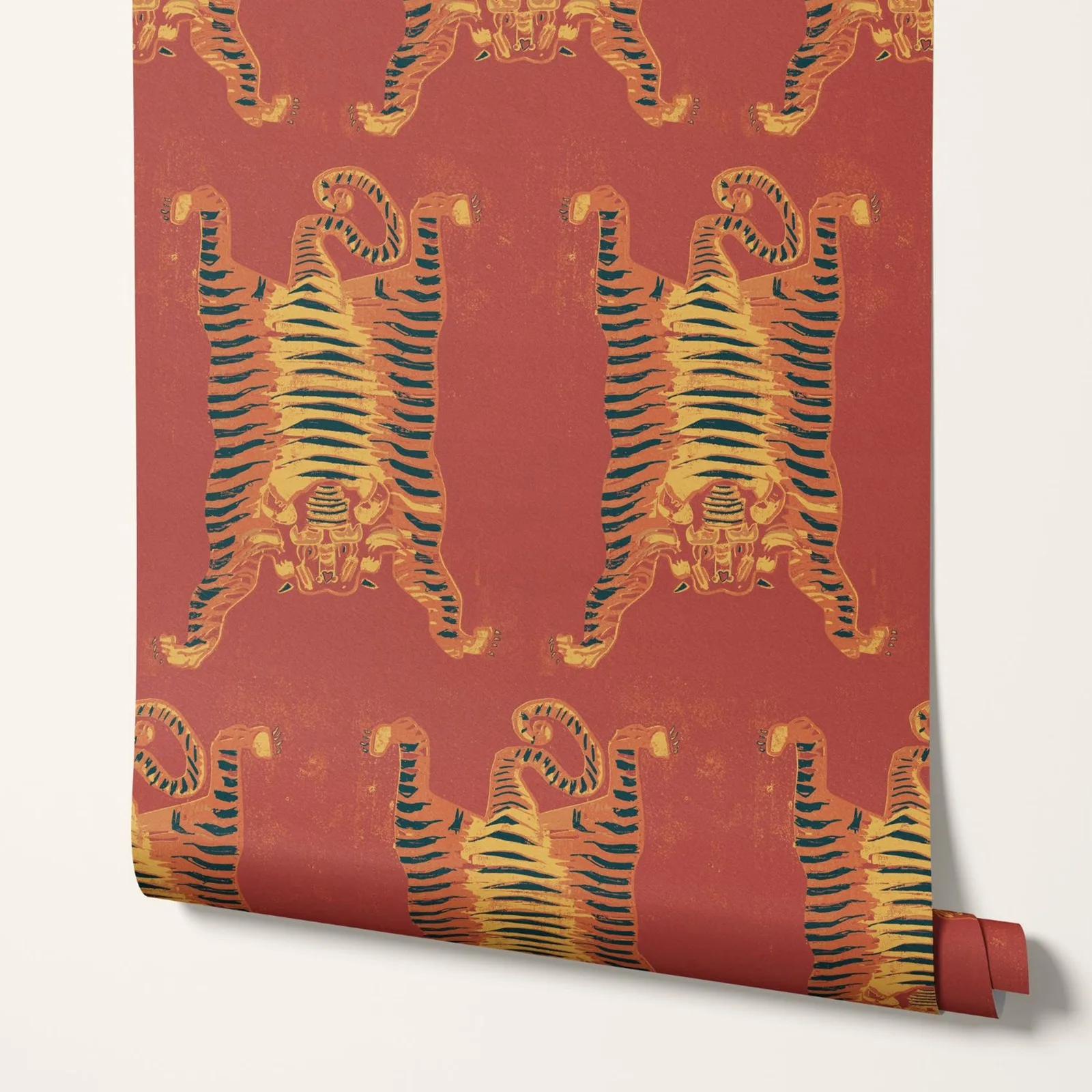 

Tibetan Tiger wallpaper in dusty red color, Unique Tiger print wallpaper in reb brown back