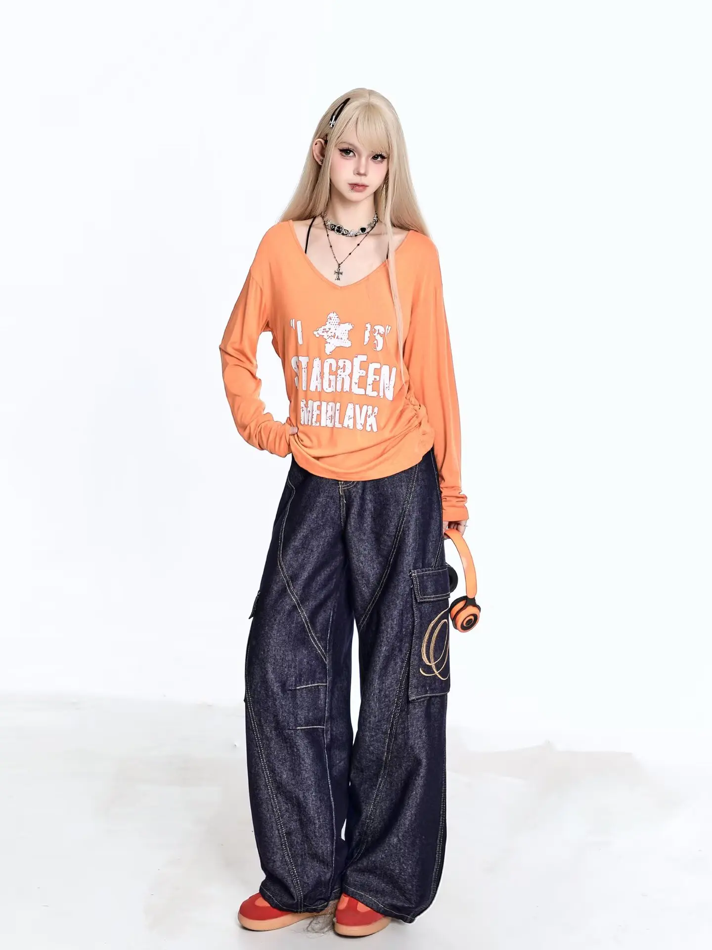 American retro niche vintage wide leg loose jeans women's splicing straight leg casual curved knife long pants trendy Harajuku