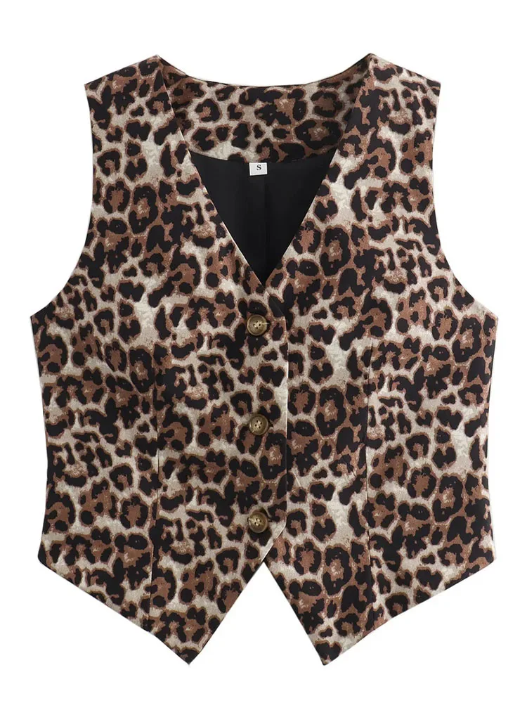 

KAOPU ZA Women leopard print vest top vintage v-neck sleeveless button-up female waistcoat chic tops