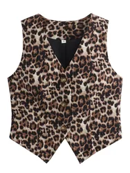 KAOPU ZA Women leopard print vest top vintage v-neck sleeveless button-up female waistcoat chic tops