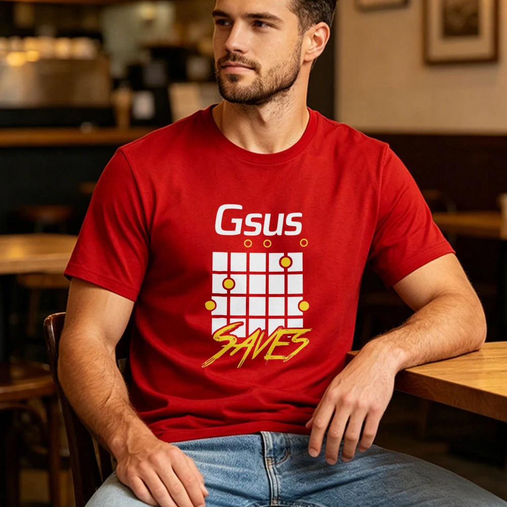 Gsus Saves Guitar Chord Graphic T Shirt Men Cotton Guitar Player Musician Casual Streetwear Musical Hobby Gift Crew Neck Tshirt
