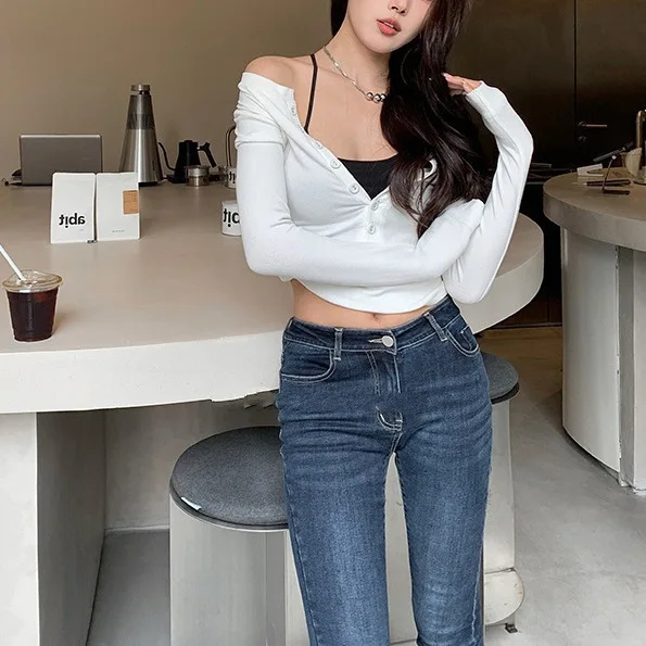 

7131 Autumn Winter New Pure Desire Sexy Round Neck Half Open Chest Slim Fit Slimming Knitted Base Shirt Inner Wear Top
