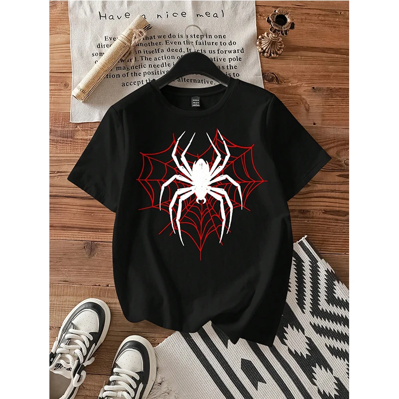 Camiseta informal de manga corta con cuello redondo de araña para mujer, camisetas de estilo coreano para primavera y verano, camisetas góticas gráficas para mujer, ropa