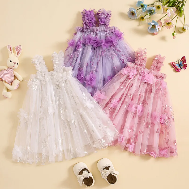 Little Girl's Cami Tulle Dress Square Neck Sleeveless 3D Flower Leaf Embroidery Princess Dress Infant Toddler Summer Clothes