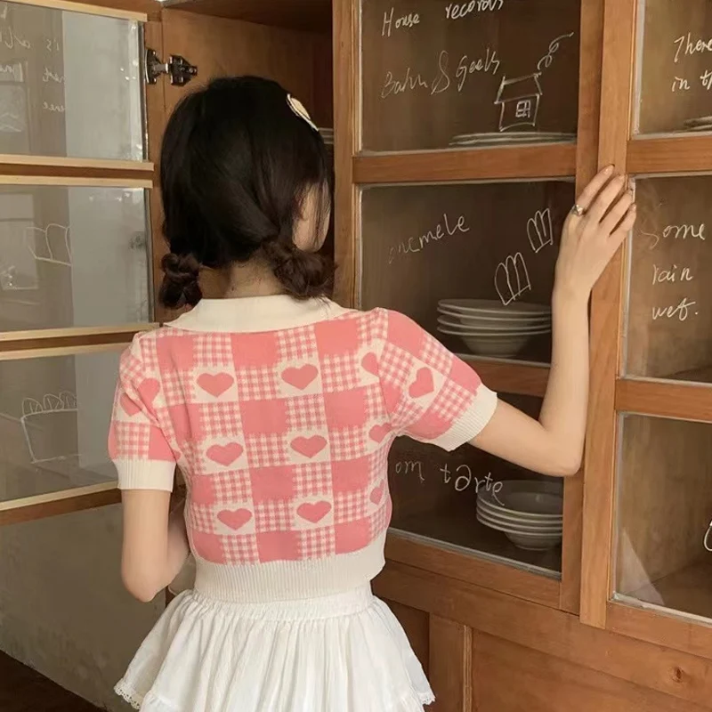 Korean T-shirt Knitted Slim Sweet Turn-down Collar Plaid Love Graphic Preppy Style Pullover Summer Women Tops