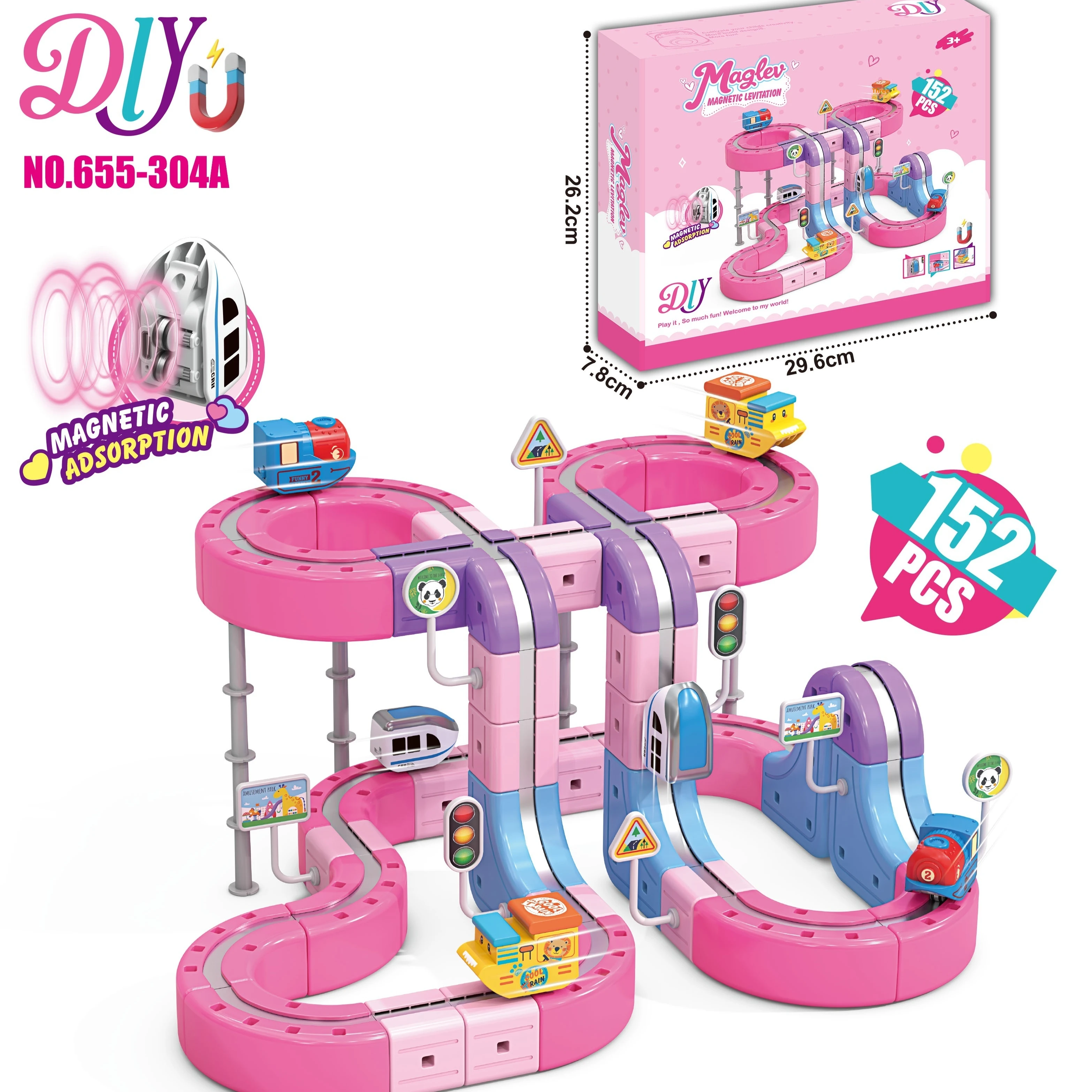 

Large Particle Magnetic Track Car 142PCS 152PCS Pink Electric Suspension Building Blocks DIY Assembly Toy Girls Birthday Gift