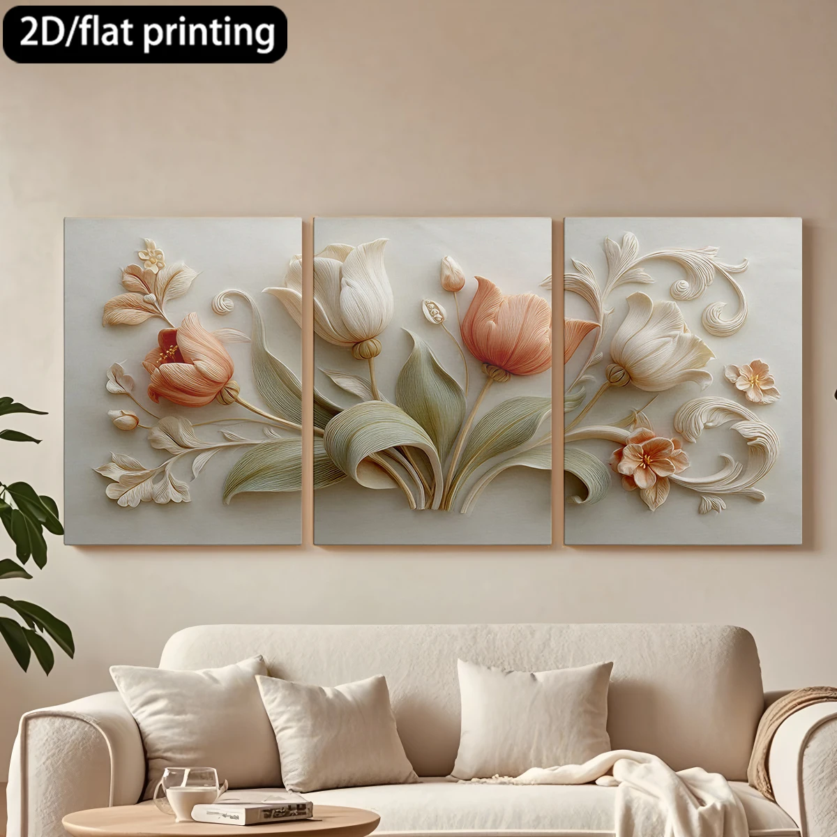 

2D плоская печать, 3-х частная декоративная картина на холсте в деревянной раме, ручная работа, цветочный декор с тюльпанами. Декор для коридора и спальни.