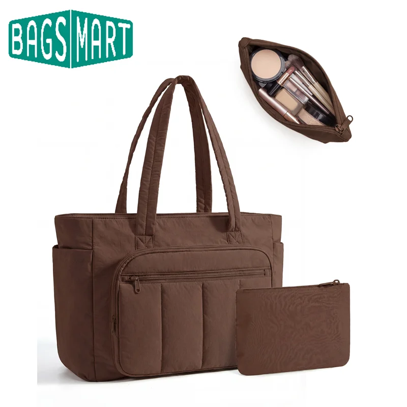 BAGSMART Tote Bag for Women 2 Set Puffer Quilted Nurse Handbags 20L Carry on Bag for Work Travel Multifunction College Bag
