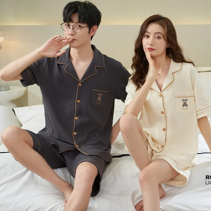 Korean Fashion Sleepweaw Summer Cotton Men Pajamas Set Short Women Nightwear Plus Size Male Female Homewear Pjs Home Clothes