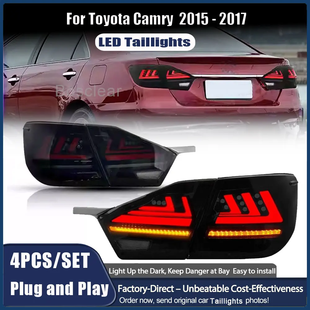 

Комплект из 4 светодиодных задних фонарей для Toyota Camry 2015-2017: задние фонари заднего хода, анимация при запуске, ДХО, стоп-сигналы, противотуманные фары, указатели поворота