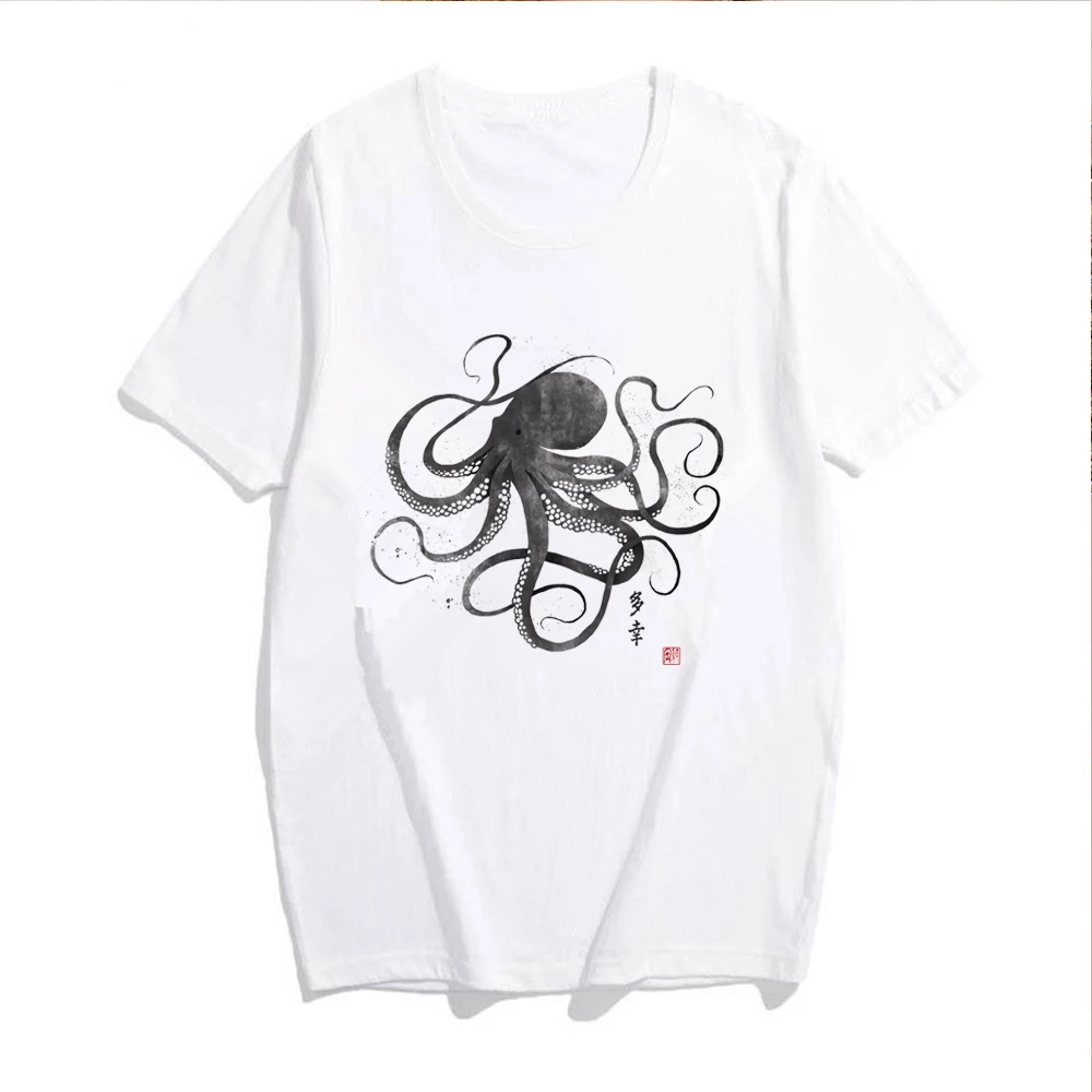 Octopus Japanese Calligraphy T Shirt Gyotaku Traditional Art Writing Ukiyo-e Japan Kawaii Print Yoga Womens Girls Printed Tee