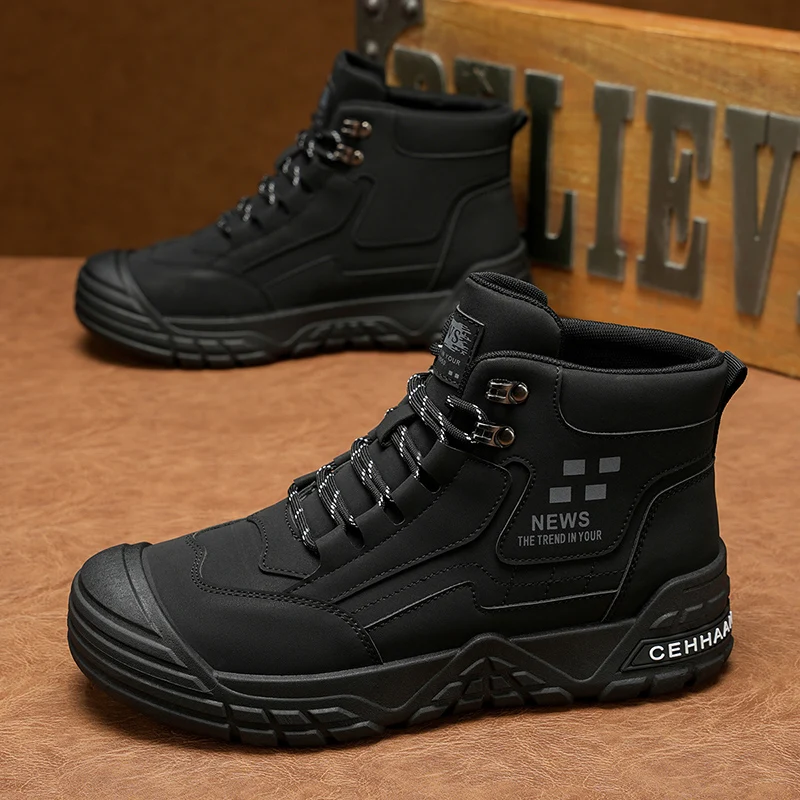 

Original Black Leather Ankle Boots For Men Outdoor Non-slip Work Boots Men's Motorcycle Boots Platform High Top Bikers Shoes Man