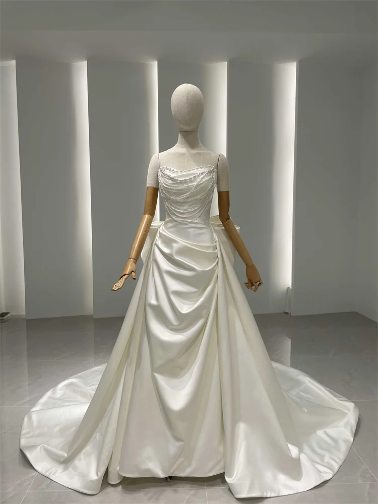 Royal Muse High-End Satin Wedding Dress For Women Tube Top Skirt With Pearls String Of Pearls Bridal Gown Vestido New Design